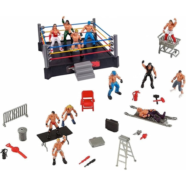 Mini Wrestling Figur Lekset, Brottare Krigare Leksaker Med Fyrkantig Ring & Tillbehör, Rolig Miniatyr Fighting Actionfigurer Gåva