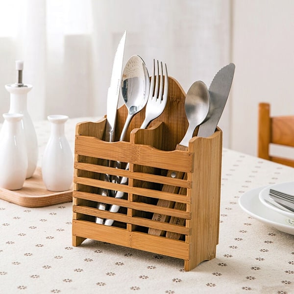 Idesign Bestikkboks for kjøkkenbenk, skap eller spisebord, liten bambus Dashier med lokk