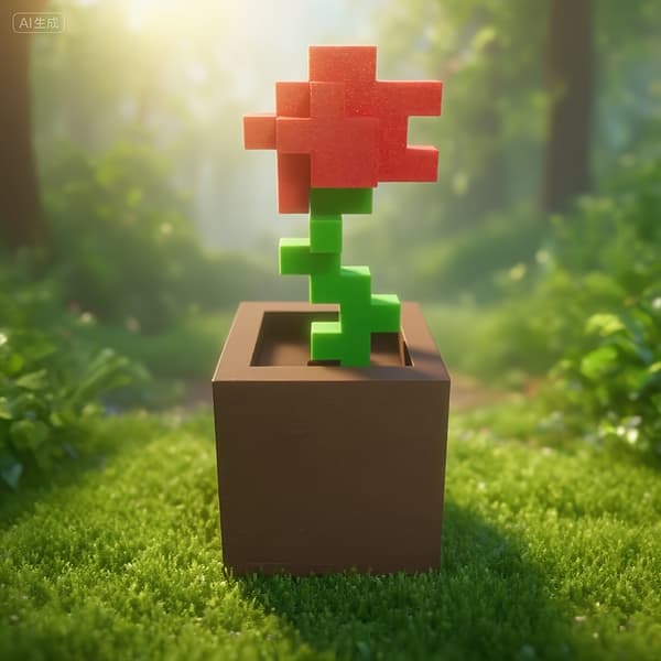 Pixel Rose Blomst 3D Printet Dekorativ Ornament Skrivebords Valentinsgave Red