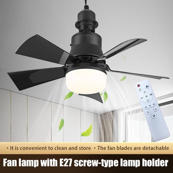 E27 Loftventilatorlampe, Stille 5-bladet Ventilatorlampe, Energibesparende Hjemmekølelampe 40W Sort
