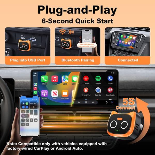 Langaton CarPlay-sovitin, 2-in-1 Android Auto -auton multimedialaatikko, älykäs ajoneuvon liitettävyyslaite Rust color