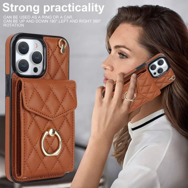 Wallet Case med Kortholder Quiltet Etui til iPhone 15/14/13Pro Max Brun iPhone15
