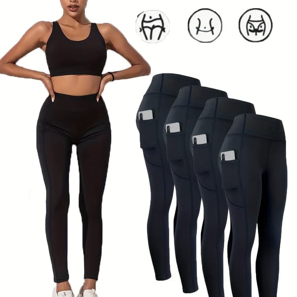 4-pack leggings med M-formad söm, rumplyftande kompressionstights med sidoficka för telefon, smal passform M Svart