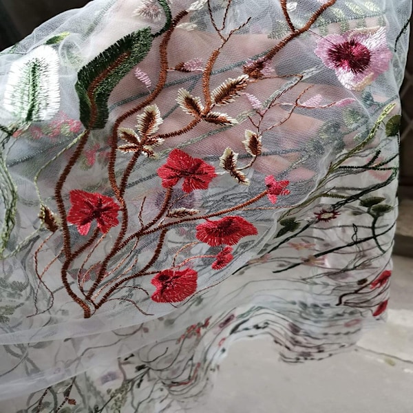 Blommig Broderi Spets Tyg Färgstark