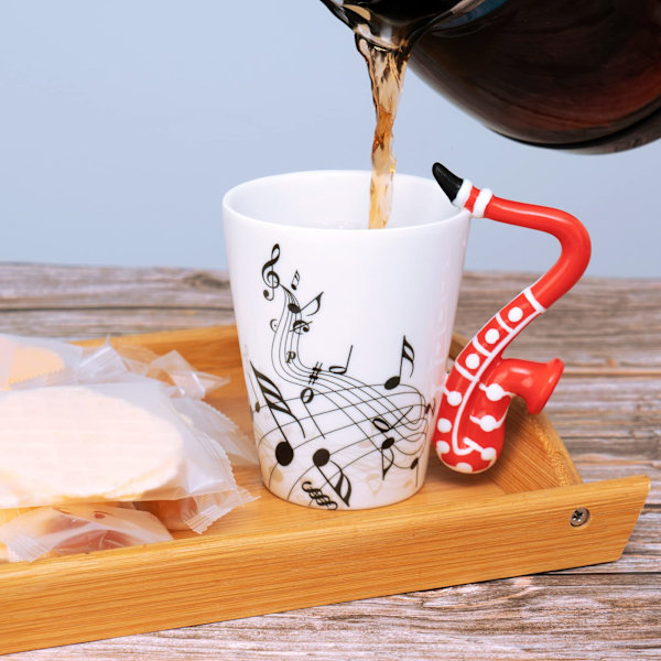 14 Ounce Sax Krus Musikalske Noter Kaffekrus Keramisk Saksofon Musikk Kopp Gave til Venn Krus Musikk Note Kaffe (Rød)