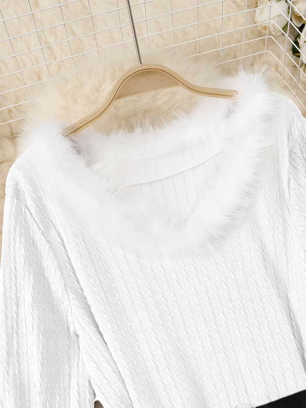 Plus Size Dame Juleaften Swingkjole Langærmet V-hals Jacquard med Bælte White 2XL