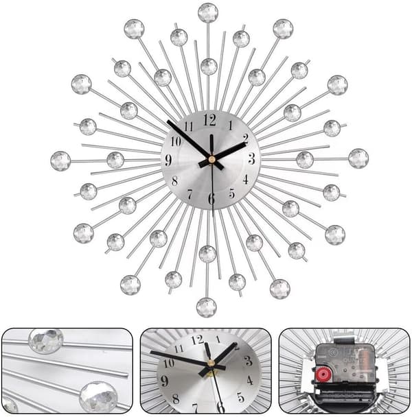 Kristall Diamant Väggklocka Modern Väggklocka Blommig Väggklocka Tyst Metallklocka Hem Väggkonst Dekoration (50cm Silver) 50cm{F2} 50cm