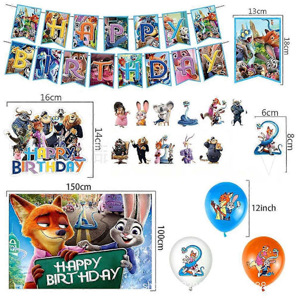 Zootopia Festpynt Sæt 2 Pak Banner Balloner Kagepynt Baggrund B
