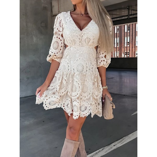 Dame Blondekjole Elegant Slank V-hals Casual Halv Erme Utthult Løs Mini Kjole Hvit Hvit White S