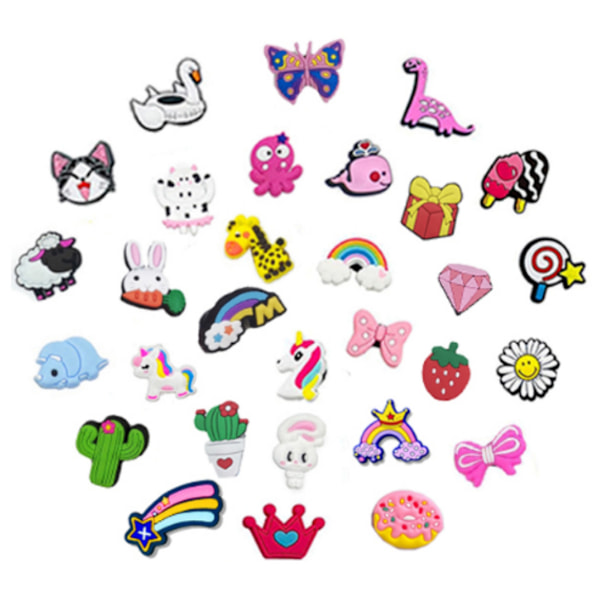 Sko charms til træsko, 30 stk. søde sko charms til Crocs, forskellige former PVC tegneserie sko dekorationer, pige dekorationer tilbehør armbånd{F2}