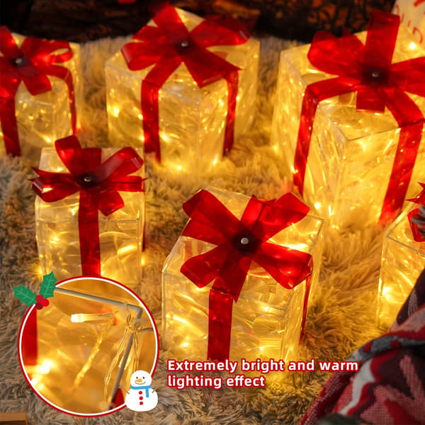 st, Julklappslåda Belysning, Transparent Varm Ljus Julbox Drivs av Batteri/USB, 8 Blinkande Lägen, Inklusive Timerfunktion 3 presentaskar (8 lägen) Varmt Ljus