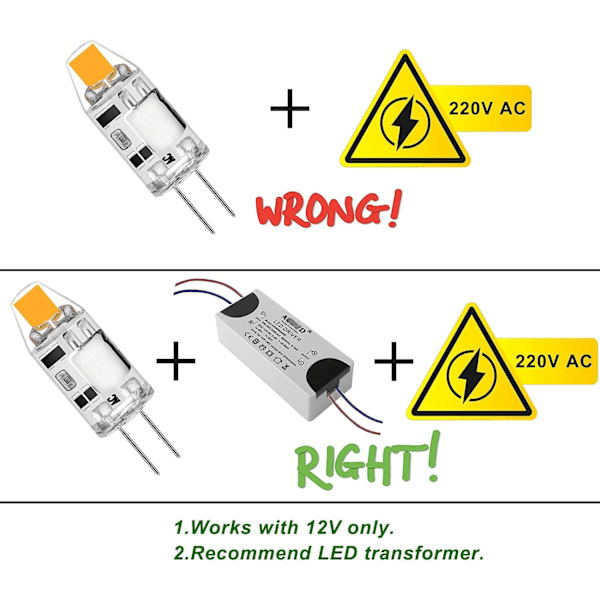 10-pakning 2W G4 LED-pærer, 3000K varmhvit, 200lm, 12V