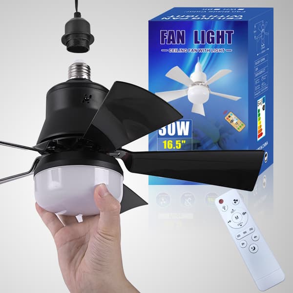 E27 Loftventilatorlampe, Stille 5-bladet Ventilatorlampe, Energibesparende Hjemmekølelampe 40W Sort