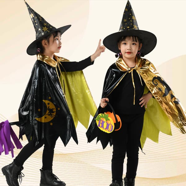 Halloween Børnekappe Sæt - Troldmandskappe med Hætte - Tryllekunstner Stjernekappe - Drenge og Piger Rollespil Rekvisitter - Festkostume - Tryllekunstnerkostume - Stjerner Bl...