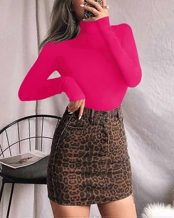Langermet høyhalset bodysuit for kvinner Jumpsuit-topp Long Sleeve Rose Pink Small