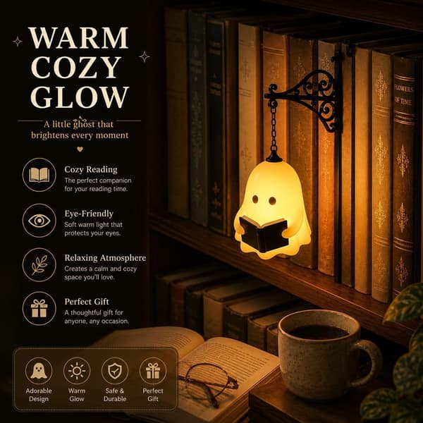 Bibliotekslantern Dekorativ Bogreolbelysning med Varm LED Natlampe Ghost
