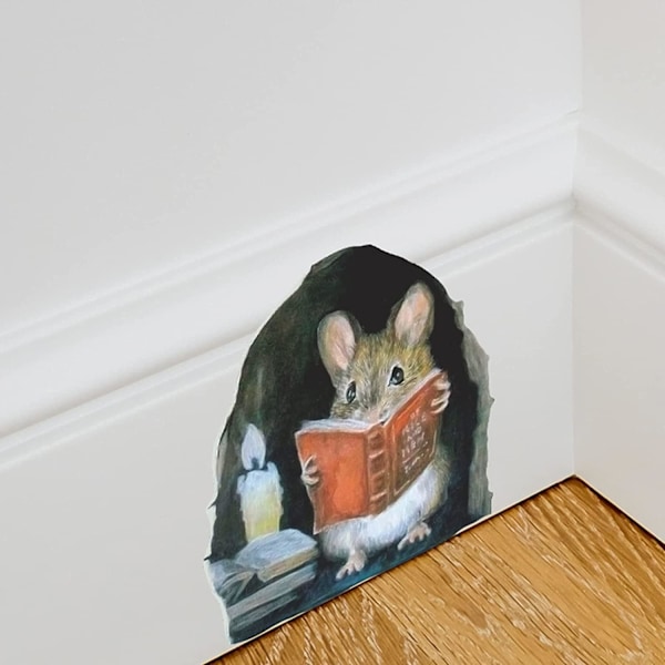stk 3D Realistiske Muse Vægklistermærker, Mus Læser Bog Wa,ZQKLA{F2}
