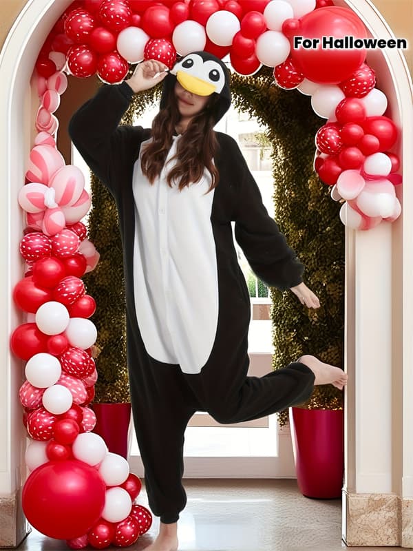 Dame Pingvin Onesie Kostume Blød Fluffy Halloween Rollespil Outfit Julefest Vinter Pyjamas Black XL