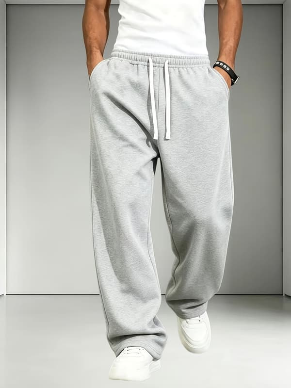Joggebukser for menn med elastisk liv og snøring, løs rett passform, uformelle bukser, myk strikk, høst og vinter S Light Grey+Black