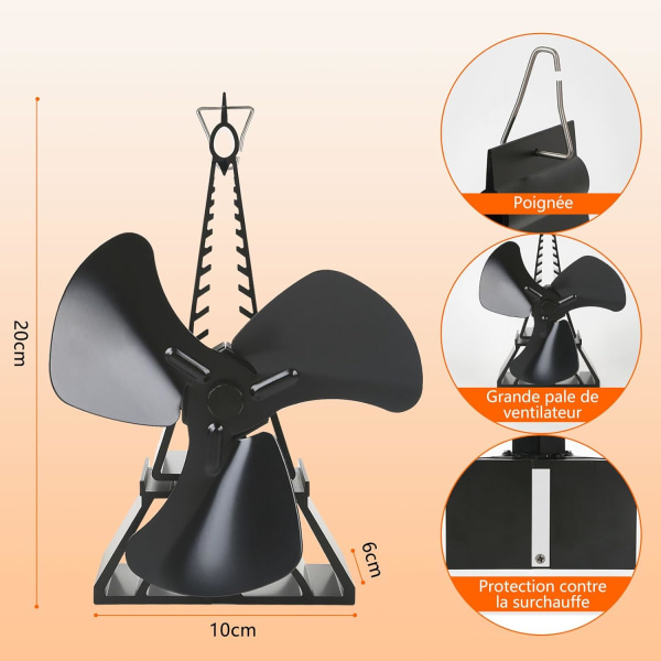 Termodynamisk peisvifte, lydløs for peis/ved/gass/vedovner, svart