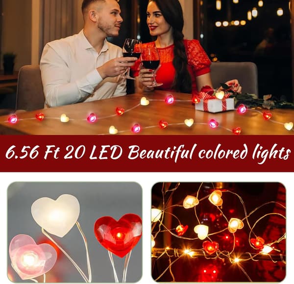 Hjerteformede lyslenker, 2 minutter og 20 sekunder med LED Valentinsdagslys, innendørs dekorasjon, utendørs juledekorasjon (rød)