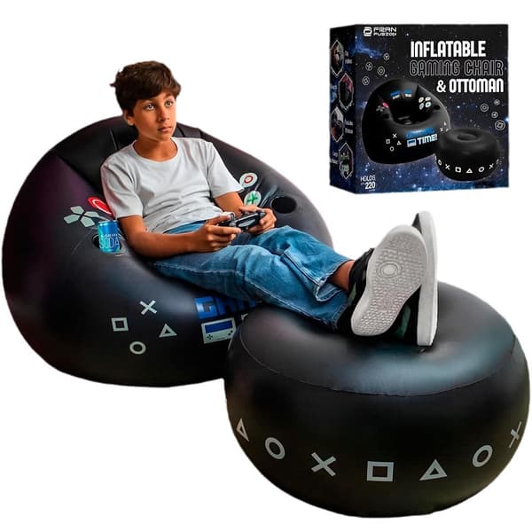Uppblåsbar spelstol med mugghållare och sidoficka, ergonomisk luftsoffa för spelare, inkluderar handpump Sofa + ottoman