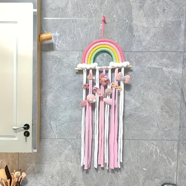 Vægmonteret regnbuehårstilbehørsorganisator med pomponer og bræt Rainbow