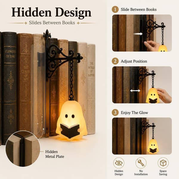 Bibliotekslantern Dekorativ Bogreolbelysning med Varm LED Natlampe Ghost
