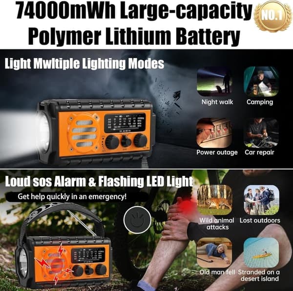 20000 mAh hätäradio taskulampulla, aurinkokennokampi, AM/FM-sääradio, SOS, mobiililataus oranssi{F2} orange