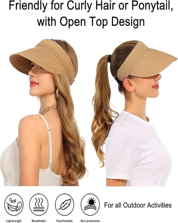 Solhatt Dam Strand Strå Solskärm Hatt Hästsvans Hål UV-skydd Bred Brätte Sommarhatt Vikbar för Resor Justerbar 54-59 cm