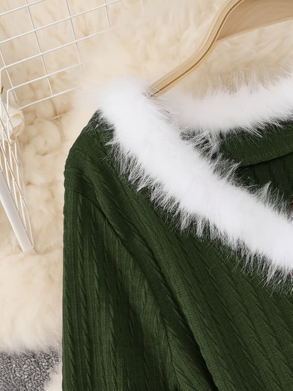 Plus Size Dame Jule Swingkjole Langermet V-hals Jacquard Aftenkjole med Belte Green 4XL