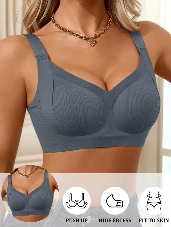 Dame BH med brede stropper, push-up, komfortabel, pustende, uformell, ensfarget, uten bøyle Deep Blue L