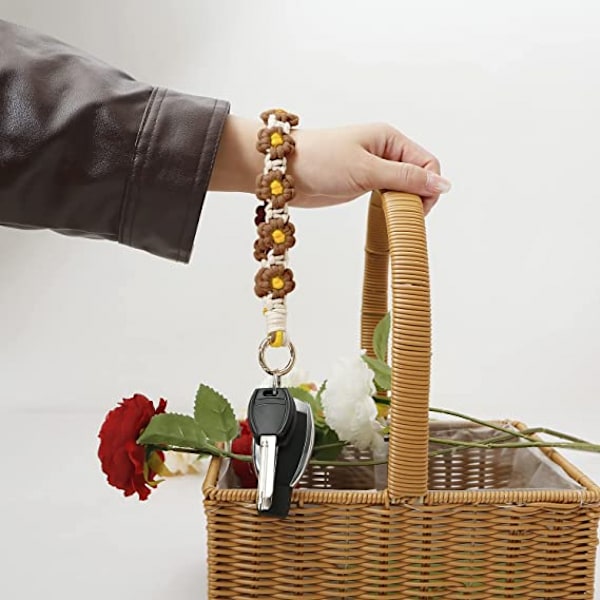 Boho Nøkkelring Håndlaget Nøkkelring Håndleddsstropp Nøkkelring Håndleddsstropp for Nøkler Søt Tusenfryd Nøkkelring for Kvinner