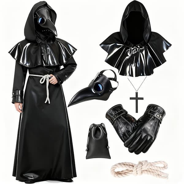 Pestlæge Kostume Med Maske Og Sort Kappe Middelalderlig Rollespil Fest Outfit Til Mænd Og Kvinder Black 8pcs