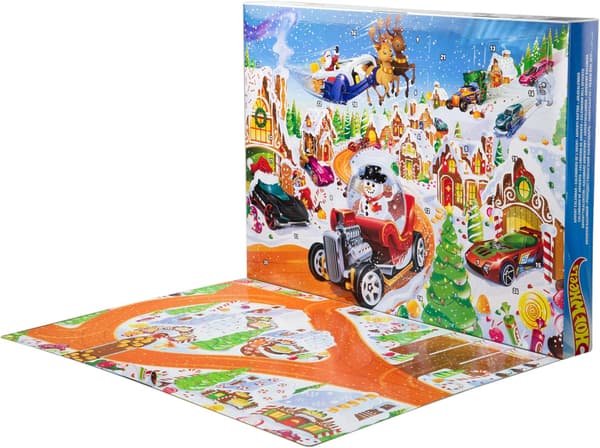 Hot Wheels legetøjsbiler og sæt, 2025 Julekalender, inkluderer 10 legetøjsbiler, 10 dekorative clips og 14 vintertema-tilbehør. (f2)