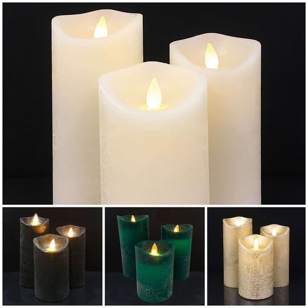 LED bloklys - rustik - 3 stk. - 10/12,5/15 cm - med 3D flamme - (flere farver)(yh)