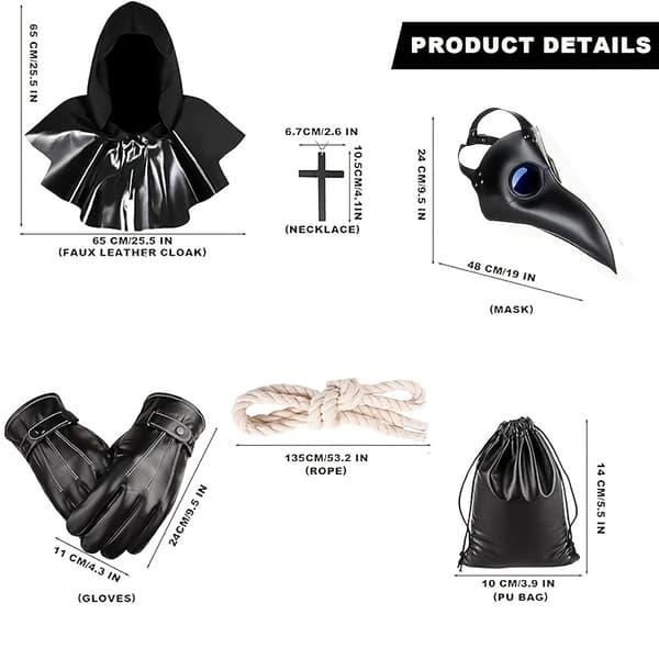 Pestlæge Kostume Med Maske Og Sort Kappe Middelalderlig Rollespil Fest Outfit Til Mænd Og Kvinder Black 8pcs
