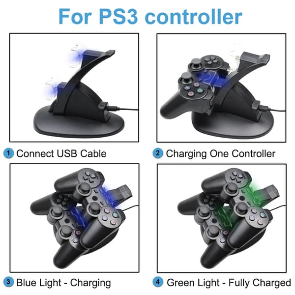 Gamepad Oplader Dobbelt Oplader til Sony PlayStation 3 Controller Konsol Fly Opladning Spil til PS3 Opladestation + USB Kabel{wh}