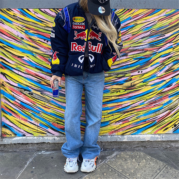 Red Bull Jakke Motorsykkelstil Fargeblokkert Trykt Casual Løs Langermet Vindjakke for Menn Kvinner S