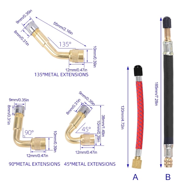 Ventilforlengere for dekkventiler, forlengelsesadaptere for biler, lastebiler og motorsykler Set B 0.15