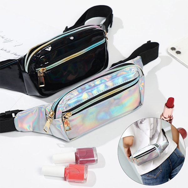 Ny laser holografisk bæltetaske Fanny Pack Slim Shiny - på lager silver