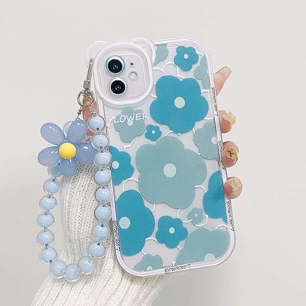 Kompatibelt med iPhone 12 Skal med Sött Blomma Armband Blommigt Björn Kameralins Transparent Skal med Kedja - Björnblu