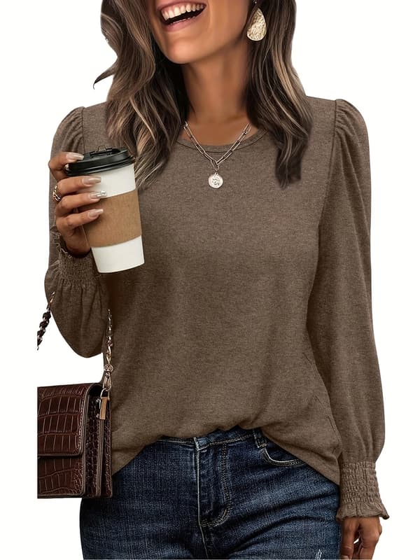 Dame Modetop Sæt Efterår Flæsekant Rund Hals Afslappet Pufærme T-shirt Brown+apricot+black S