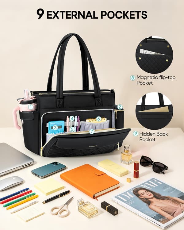 RAINSMORE Lærertaske til kvinder, 15.6\" Laptop Arbejdstaske, 40oz Krusholder{F2} Black