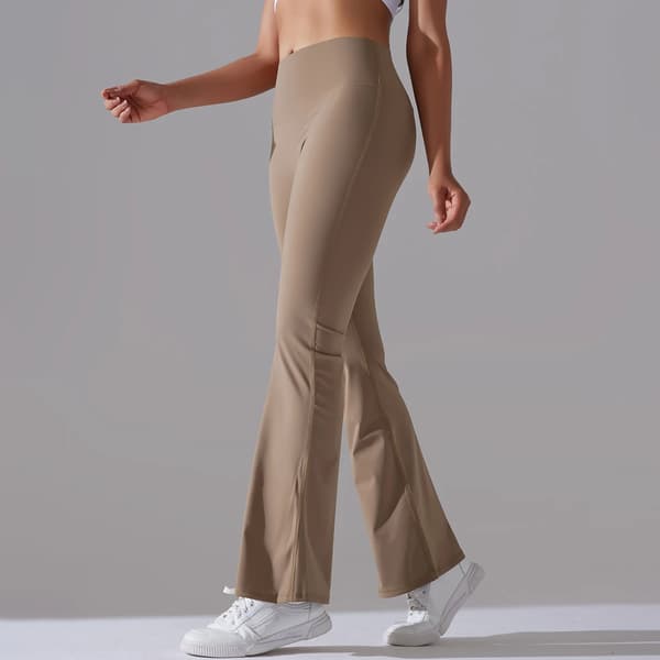 Dam Enfärgade Hög Midja Yogabyxor Utsvängda Träningsleggings Stretch Vida Ben Cocoa S