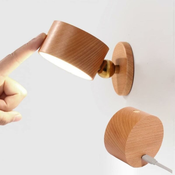 Wooden battery wall light, indoor LED wall light with touch switch, 1500 mAh battery, 360° rotation, USB rechargeable.