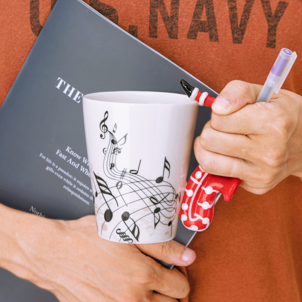 14 oz Sax Mugg Musiknoter Kaffemugg Keramisk Saxofon Musikkopp Present till Vän Mugg Musiknot Kaffe (Röd)