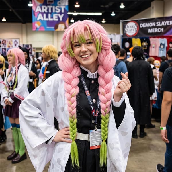 Kanroji Mitsuri Cosplay Peruk, Lång Rosa-Grön Flätad Anime Peruk för Halloweenfest