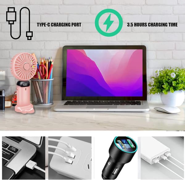 Jsdoin Håndholdt Blæser - USB Genopladelig, 5 Hastigheder, Foldbar, LED-Skærm pink