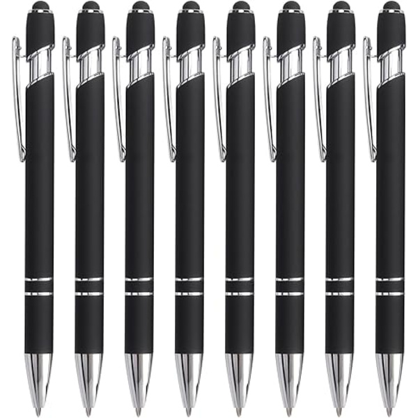 Bribobo 8 Pak Sort Kuglepen 2-i-1 Stylus - Udtrækkelig Metalpen Med Stylusspids til Touchskærme, 1,0 mm Sort Blæk